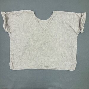 Pamut Apparel Top Womens Large Gray Striped Linen V-Neck Short Sleeve Boxy